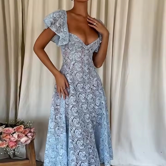 Butterfly Sleeve Solid Maxi Dress, WomenHollow Out V Neck Sexy Party Dress - Picture 5 of 6